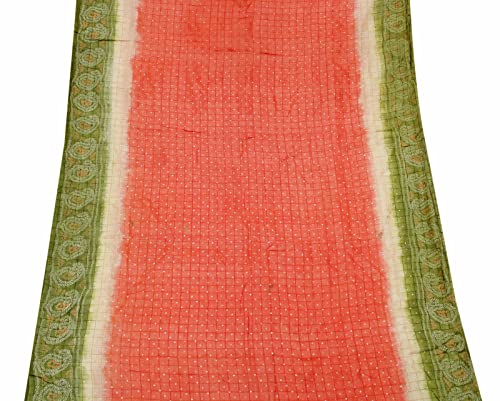 Peegli Vintage Orange Saree Bandhani Style Textile 100% Pure Silk Sari Recycled Fabric