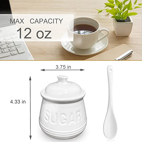 NAXIHOPT Sugar Bowl with Lid and Spoon, Ceramic Sugar Containers for Countertop, Sugar Cube Jar Coffee Bar Accessories, Covered Sugar Holder for Kitchen 12oz, White