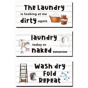 CAKIROTS Laundry Room Decor and Accessories 3 Pieces Laundry Room Organization Wooden Signs Wash Dry Fold Repea Accessories Wood Laundry Rules Sign, 12 x 5 Inch