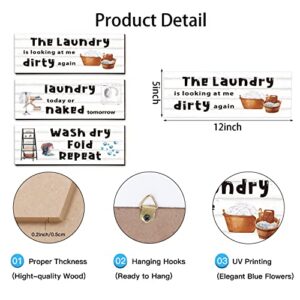 CAKIROTS Laundry Room Decor and Accessories 3 Pieces Laundry Room Organization Wooden Signs Wash Dry Fold Repea Accessories Wood Laundry Rules Sign, 12 x 5 Inch