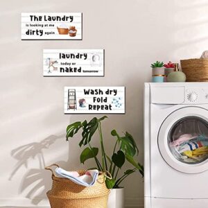 CAKIROTS Laundry Room Decor and Accessories 3 Pieces Laundry Room Organization Wooden Signs Wash Dry Fold Repea Accessories Wood Laundry Rules Sign, 12 x 5 Inch