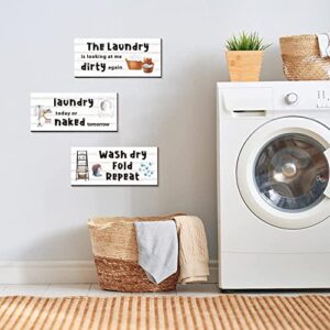 CAKIROTS Laundry Room Decor and Accessories 3 Pieces Laundry Room Organization Wooden Signs Wash Dry Fold Repea Accessories Wood Laundry Rules Sign, 12 x 5 Inch