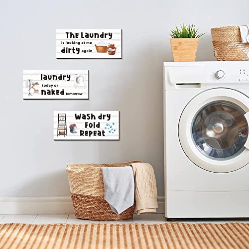 CAKIROTS Laundry Room Decor and Accessories 3 Pieces Laundry Room Organization Wooden Signs Wash Dry Fold Repea Accessories Wood Laundry Rules Sign, 12 x 5 Inch