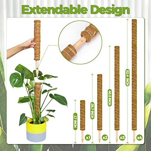 Yazoya Moss Pole 52.4 inches, 4pcs 17 inch Moss Pole for Plants Monstera, Moss Stick for Plants Support Extension to Grow Upwards, Coir Totem Pole for Climbing Plants with 65 feet Garden tie