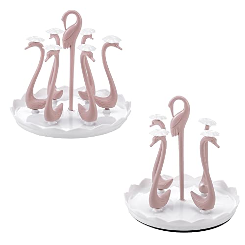 Woniu 2PCS Kitchen rotatable swan Cup Holder Water Bottle Drying Drain Holder Cup Drying Rack with drip pan Rotating Cup Holder 6 &4 Brackets (Pink)