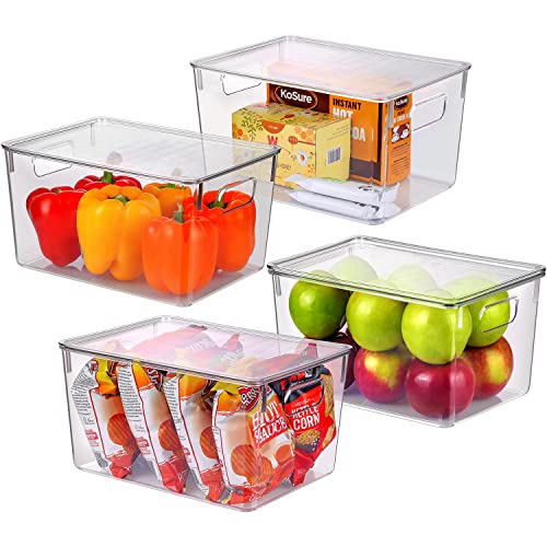 Homeries Pantry Organization And Storage bins With Lids, for Refrigerator, Freezer, Bedroom & Bathroom Shelves - 11.37"x8"x6.25" Large Stackable Clear Plastic Storage Bins for Kitchen Items,