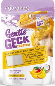 gargeer 4oz gecko calcium without vitamin d3, phosphorus-free, ultrafine powder. ready to use supplement for geckos & fruit-eating reptiles. flavored with real organic tropical fruits. made in the usa