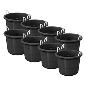 life story large 17 gallon flexible plastic storage bucket container with easy grip rope handles for indoor and outdoor storage, black, 8 pack