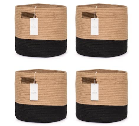 Chloe and Cotton Woven Cube Storage Baskets with Handles | Set of 4 | Cute Decorative Bins For Shelves, Bookcases, Cubbies, & Organizing Containers | Black & Tan