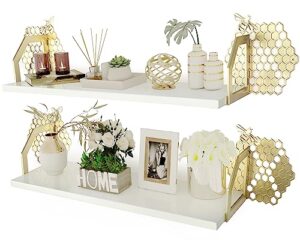 special lucy designed beehive wall shelves for wall decor - designer's gold honeycomb wall art meets premium white floating shelves - set of 2, 8 inches deep, 24 inches wide