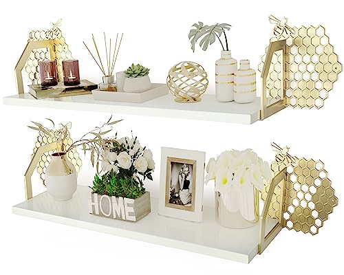 Special Lucy Designed Beehive Wall Shelves for Wall Decor - Designer's Gold Honeycomb Wall Art Meets Premium White Floating Shelves - Set of 2, 8 Inches Deep, 24 Inches Wide