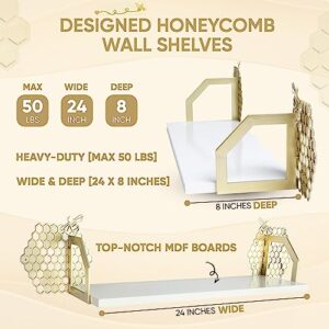 Special Lucy Designed Beehive Wall Shelves for Wall Decor - Designer's Gold Honeycomb Wall Art Meets Premium White Floating Shelves - Set of 2, 8 Inches Deep, 24 Inches Wide