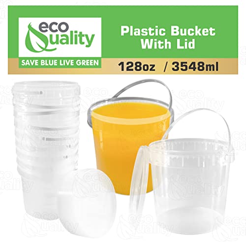 1 Gallon (128 oz) Clear Plastic Bucket with Lid and Handle (10 Pack), Ice Cream Tub with Lids - Food Grade Freezer and Microwave Safe Food Storage Containers, Round Plastic Pail Container with Lid, BPA Free