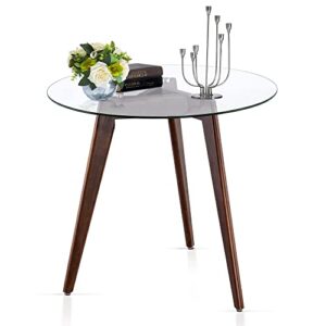 ivinta round glass dining table, modern leisure table with wood legs for kitchen dining room living room, accent table small tea table for 2, space saving, 31.5 inch (dark brown)