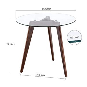 ivinta Round Glass Dining Table, Modern Leisure Table with Wood Legs for Kitchen Dining Room Living Room, Accent Table Small Tea Table for 2, Space Saving, 31.5 inch (Dark Brown)