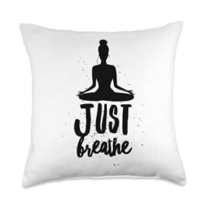 just breathe yoga namaste spiritual zen meditation woman throw pillow, 18x18, multicolor