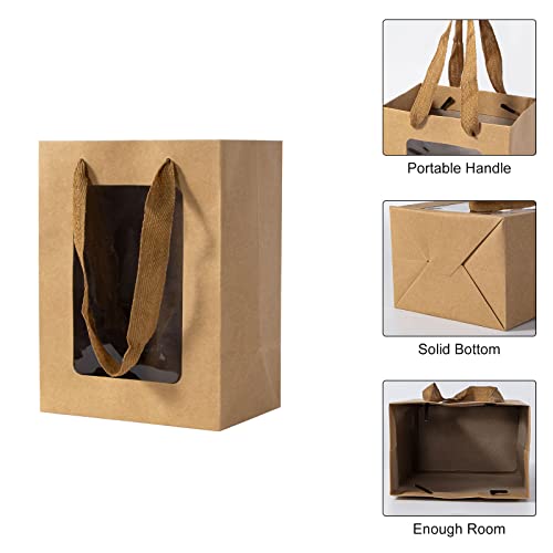 Dasofine 12pcs Brown Gift Bag with Window, Sturdy Paper Tote with Transparent Window, 5.9"×3.9"×7.9" Paper Gift Bags with Handles, Flower Bouquet Bags