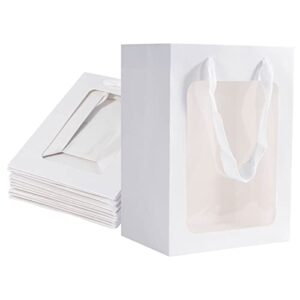 dasofine 12pcs white gift bag with window, sturdy paper tote with transparent window, 7.1"×5.1"×9.8" paper gift bags with handles, flower bouquet bags