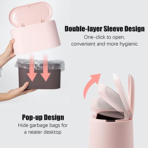 SHAIDOJIO Mini Trash Can, Desktop Wastebasket with Lid, Removable Small Garbage Can, Pop Up Tiny Countertop Trash Bin for Desk Office, Bedroom, Bathroom, Vanity, Coffee Bar Tabletop (Pink)