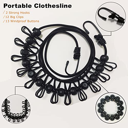 JIANYI Portable Travel Clothesline, Adjustable Elastic Camping Windproof Retractable Clothes line with 12 PCS Clothespins for Outdoor and Indoor Use