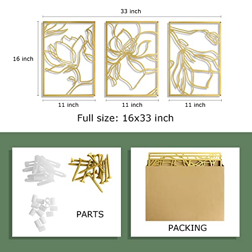 Pinetree Art Gold Metal Wall Art Flowers 3D Line Minimalist Decor Wall Sculpture Minimalist Decor Home Living Room Bedroom Wall Decoration, Set of 3 (flower-gold)