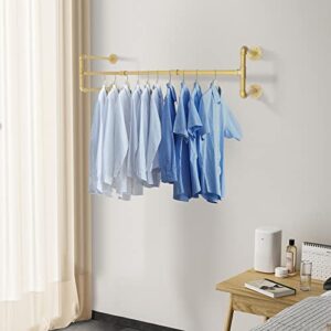 Bathrena Wall Mounted Clothes Rack Industrial Pipe Wall Mounted Garment Rack Clothes Storage Hanging Rack Heavy Duty Detachable Multi-Purpose Hanging Rod for Closet Storage (Gold-14.56*5.51in)