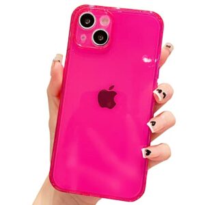 owlstar compatible with iphone 13 case, cute neon clear soft phone case for women and girls, flexible slim tpu shockproof transparent bumper protective cover (hot pink)