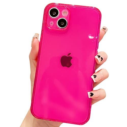 OWLSTAR Compatible with iPhone 13 Case, Cute Neon Clear Soft Phone Case for Women and Girls, Flexible Slim TPU Shockproof Transparent Bumper Protective Cover (Hot Pink)