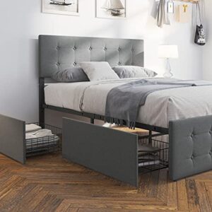 IDEALHOUSE Full Bed Frame with 4 Storage Drawers and Adjustable Headboard,Modern Grey Upholstered Bed