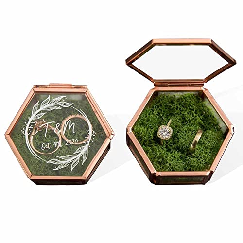 Getname Necklace Custom Hexagon Glass Ring Box with Moss for Wedding Ceremony Birthday Engagement Ring Box for Proposal Bearer Box with Names & Initials Ring Holder Jewelry Ring Boxes Organizer