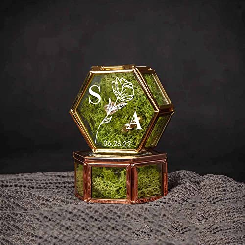 Getname Necklace Custom Hexagon Glass Ring Box with Moss for Wedding Ceremony Birthday Engagement Ring Box for Proposal Bearer Box with Names & Initials Ring Holder Jewelry Ring Boxes Organizer