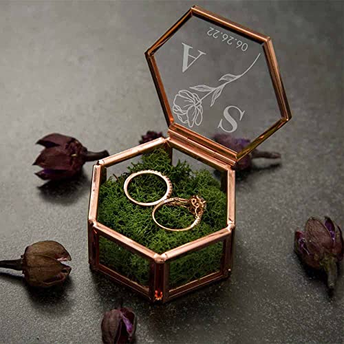 Getname Necklace Custom Hexagon Glass Ring Box with Moss for Wedding Ceremony Birthday Engagement Ring Box for Proposal Bearer Box with Names & Initials Ring Holder Jewelry Ring Boxes Organizer