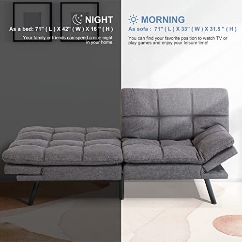 MUUEGM Futon Sofa Bed Couch Memory Foam Futon Bed,Modern Sofas for Living Room,Convertible Sleeper Sofa w/Removable Armrests,Love Seat for Compact Living Spaces Offices Dorm Bonus Room,Linen,Grey