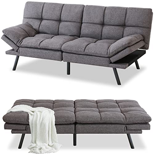 MUUEGM Futon Sofa Bed Couch Memory Foam Futon Bed,Modern Sofas for Living Room,Convertible Sleeper Sofa w/Removable Armrests,Love Seat for Compact Living Spaces Offices Dorm Bonus Room,Linen,Grey