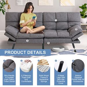 MUUEGM Futon Sofa Bed Couch Memory Foam Futon Bed,Modern Sofas for Living Room,Convertible Sleeper Sofa w/Removable Armrests,Love Seat for Compact Living Spaces Offices Dorm Bonus Room,Linen,Grey