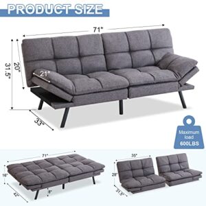 MUUEGM Futon Sofa Bed Couch Memory Foam Futon Bed,Modern Sofas for Living Room,Convertible Sleeper Sofa w/Removable Armrests,Love Seat for Compact Living Spaces Offices Dorm Bonus Room,Linen,Grey