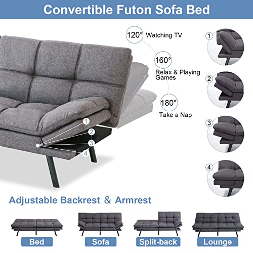 MUUEGM Futon Sofa Bed Couch Memory Foam Futon Bed,Modern Sofas for Living Room,Convertible Sleeper Sofa w/Removable Armrests,Love Seat for Compact Living Spaces Offices Dorm Bonus Room,Linen,Grey