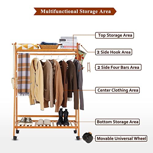 Azaeahom Bamboo Clothing Rack, Garment Coat Clothes Hanging Movable Duty Rack, 5-in-1 Shoe Hat Storage Organizer Shelves for Bedroom, Entrance, Home