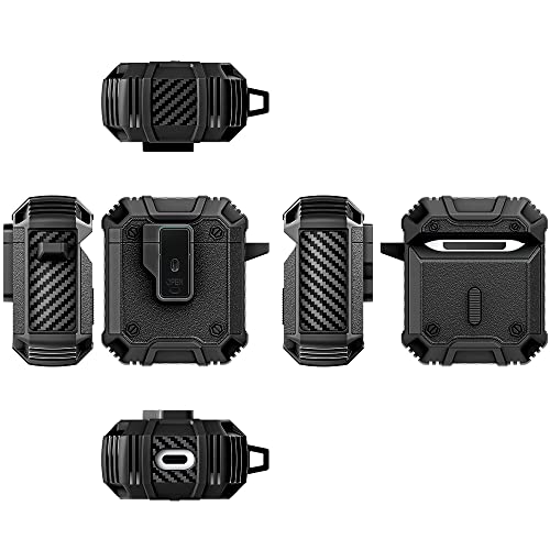 Jusy Military Case Compatible with Airpods 1&2, Rugged Protective Cover with Keychain Clip Accessories, Full Body Shockproof Heavy Duty Hard Skin Wireless Charging (Black)