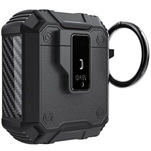 jusy military case compatible with airpods 1&2, rugged protective cover with keychain clip accessories, full body shockproof heavy duty hard skin wireless charging (black)
