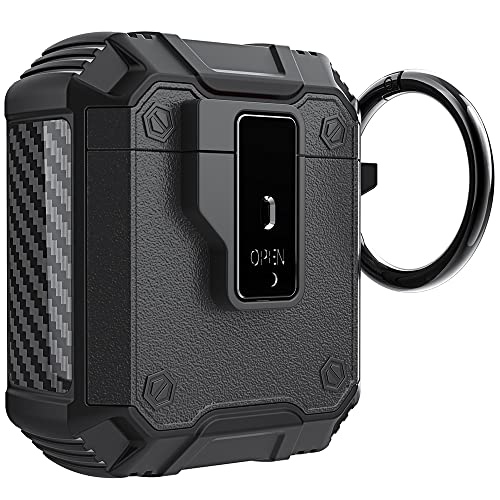 Jusy Military Case Compatible with Airpods 1&2, Rugged Protective Cover with Keychain Clip Accessories, Full Body Shockproof Heavy Duty Hard Skin Wireless Charging (Black)