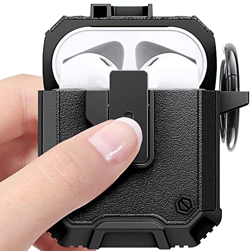 Jusy Military Case Compatible with Airpods 1&2, Rugged Protective Cover with Keychain Clip Accessories, Full Body Shockproof Heavy Duty Hard Skin Wireless Charging (Black)