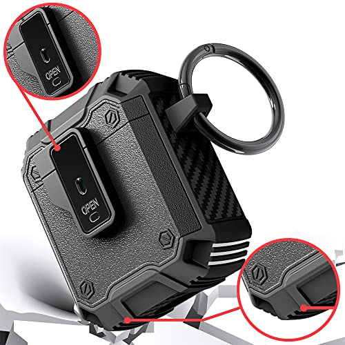 Jusy Military Case Compatible with Airpods 1&2, Rugged Protective Cover with Keychain Clip Accessories, Full Body Shockproof Heavy Duty Hard Skin Wireless Charging (Black)