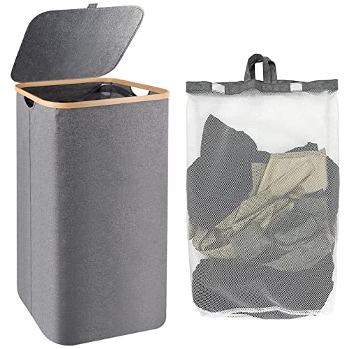 Large Laundry Basket with Lid - Collapsible Laundry Basket with Bamboo Handles, 100L Laundry Hamper for Clothes and Toys Storage, Hampers for Laundry with Inner Bag for Bathroom, Bedroom Grey