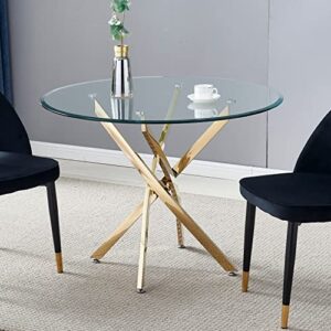 henf modern glass round top dining table with gold metal legs, contemporary circle tempered glass dining table with stainless steel base for home office kitchen dining room (table only)