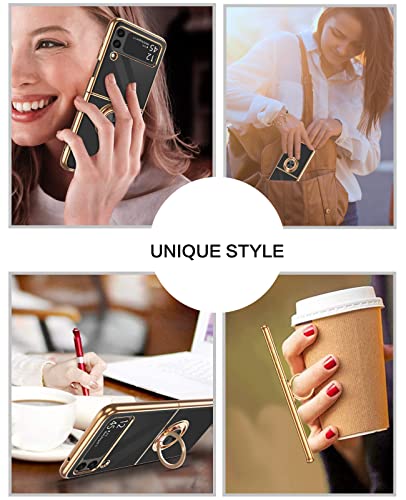 BENTOBEN Galaxy Z Flip 3 Case 5G with 360° Ring Holder, Shockproof Slim Kickstand Magnetic Support Car Mount Women Men Non-Slip Protective Phone Case for Samsung Galaxy Z Flip 3, Black/Gold