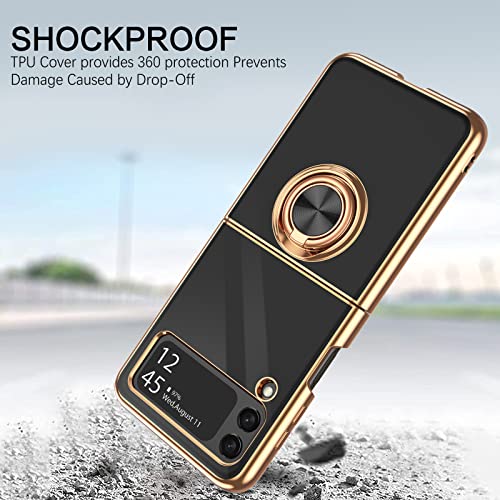 BENTOBEN Galaxy Z Flip 3 Case 5G with 360° Ring Holder, Shockproof Slim Kickstand Magnetic Support Car Mount Women Men Non-Slip Protective Phone Case for Samsung Galaxy Z Flip 3, Black/Gold