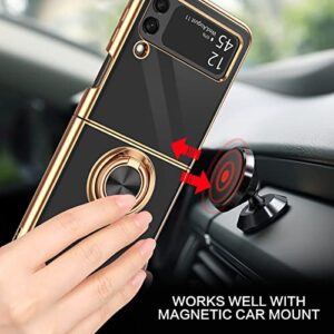 BENTOBEN Galaxy Z Flip 3 Case 5G with 360° Ring Holder, Shockproof Slim Kickstand Magnetic Support Car Mount Women Men Non-Slip Protective Phone Case for Samsung Galaxy Z Flip 3, Black/Gold