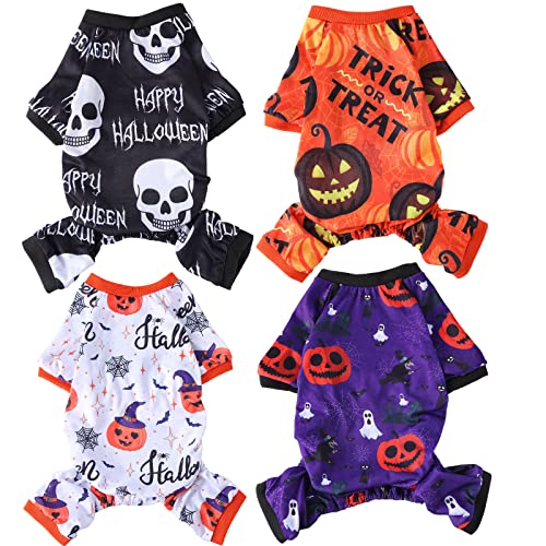 4 Pack Halloween Dog Pajamas Holiday Clothes Dog Costumes for Halloween Dog Apparel Jumpsuit Pumpkin Skull Ghost Witch Halloween Dog Costume for Puppy Dog Cat Halloween Cosplay (Small)