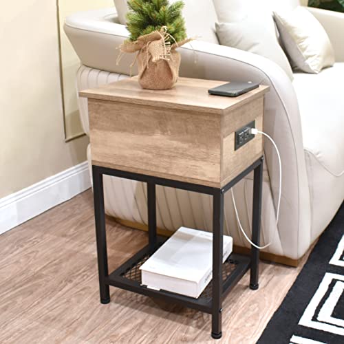 Nightstand with Charging Station USB Outlet, Narrow End Table with Storage Open Shelf, Couch Side Table Slide Top, Wood & Metal Modern Nightstand with Drawer for Bedroom Living Room Dorm, Light Brown